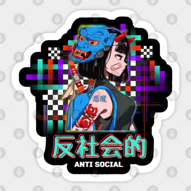 Vaporwave Antisocial Oni Samurai Anime Girl Sticker by Sugoi Otaku Gifts